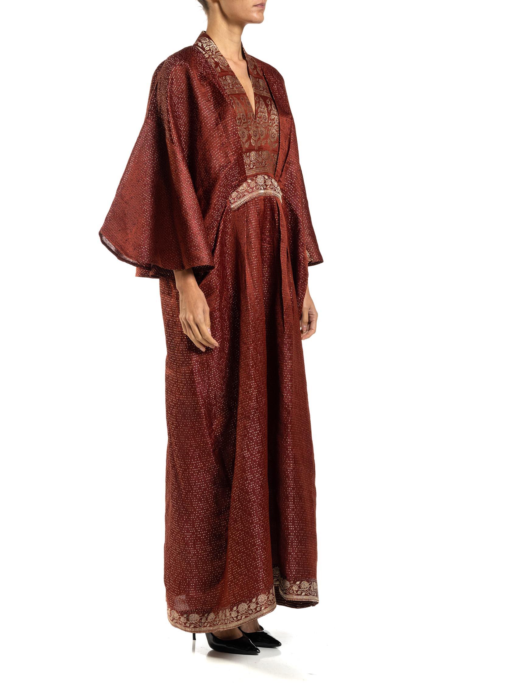 MORPHEW COLLECTION Burgundy Floral Silk Checkered Kaftan Made From Vintage Sari For Sale 4