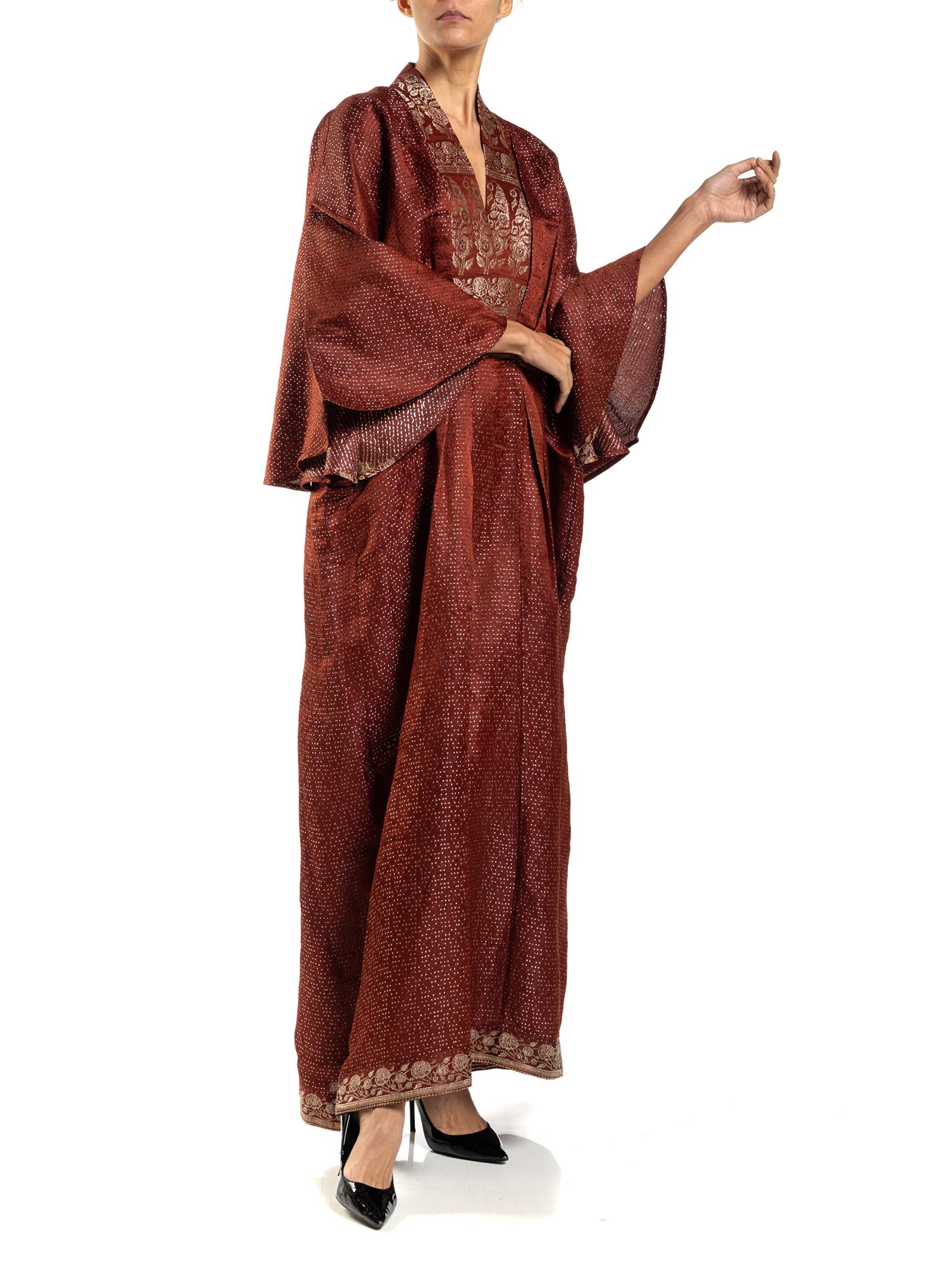 MORPHEW COLLECTION Burgundy Floral Silk Checkered Kaftan Made From Vintage Sari For Sale 5