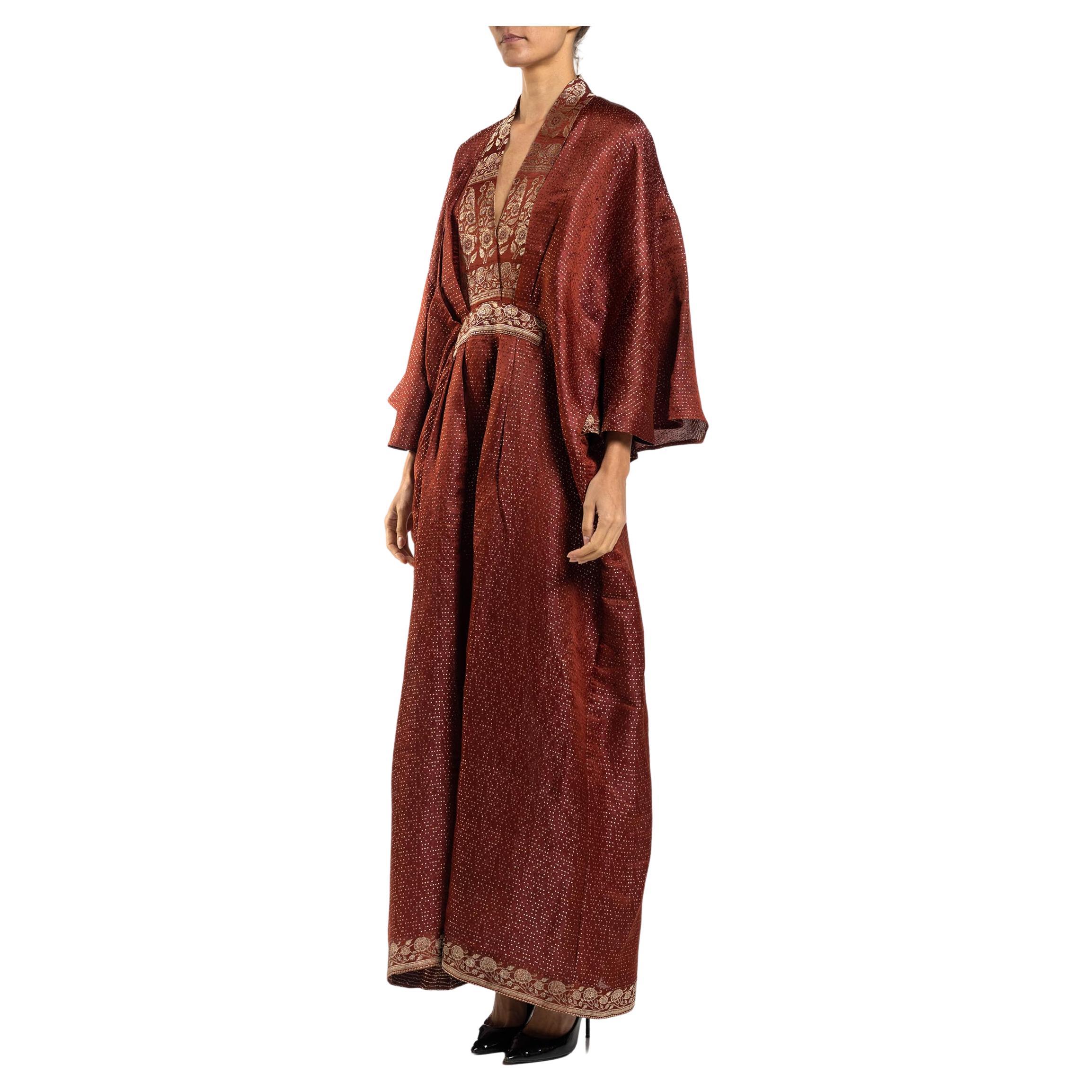 MORPHEW COLLECTION Burgundy Floral Silk Checkered Kaftan Made From Vintage Sari For Sale