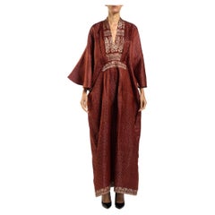 Morphew Collection Burgundy Floral Silk Checkered Kaftan Made From Vintage Sari