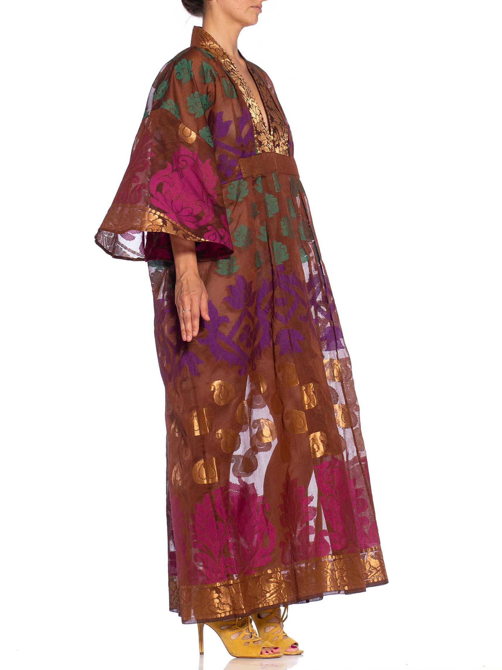 MORPHEW COLLECTION Chocolate Brown Metallic Multi  Silk Kaftan Made From Vintag In Excellent Condition For Sale In New York, NY
