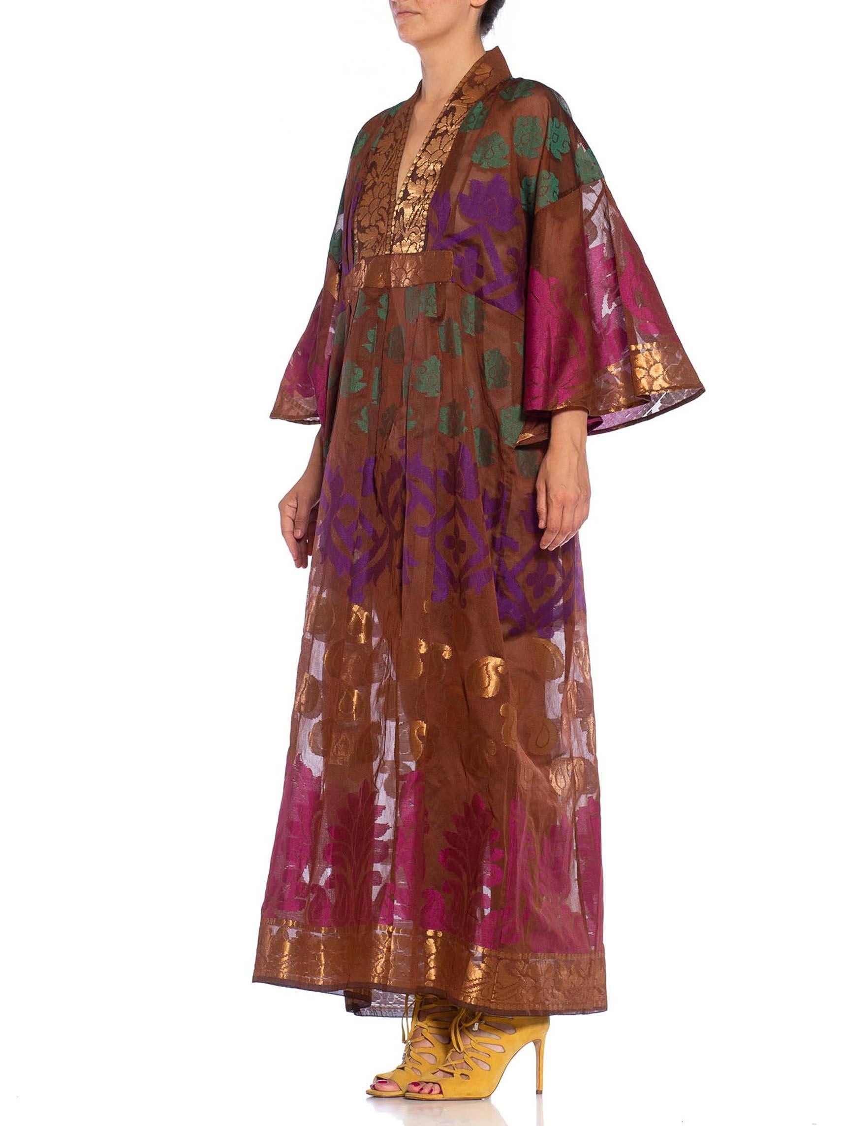 MORPHEW COLLECTION Chocolate Brown Metallic Multi  Silk Kaftan Made From Vintag For Sale 1