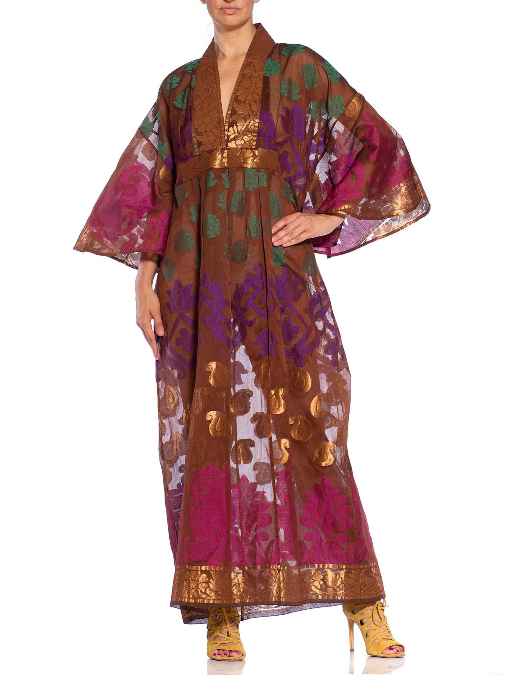 MORPHEW COLLECTION Chocolate Brown Metallic Multi  Silk Kaftan Made From Vintag For Sale 2