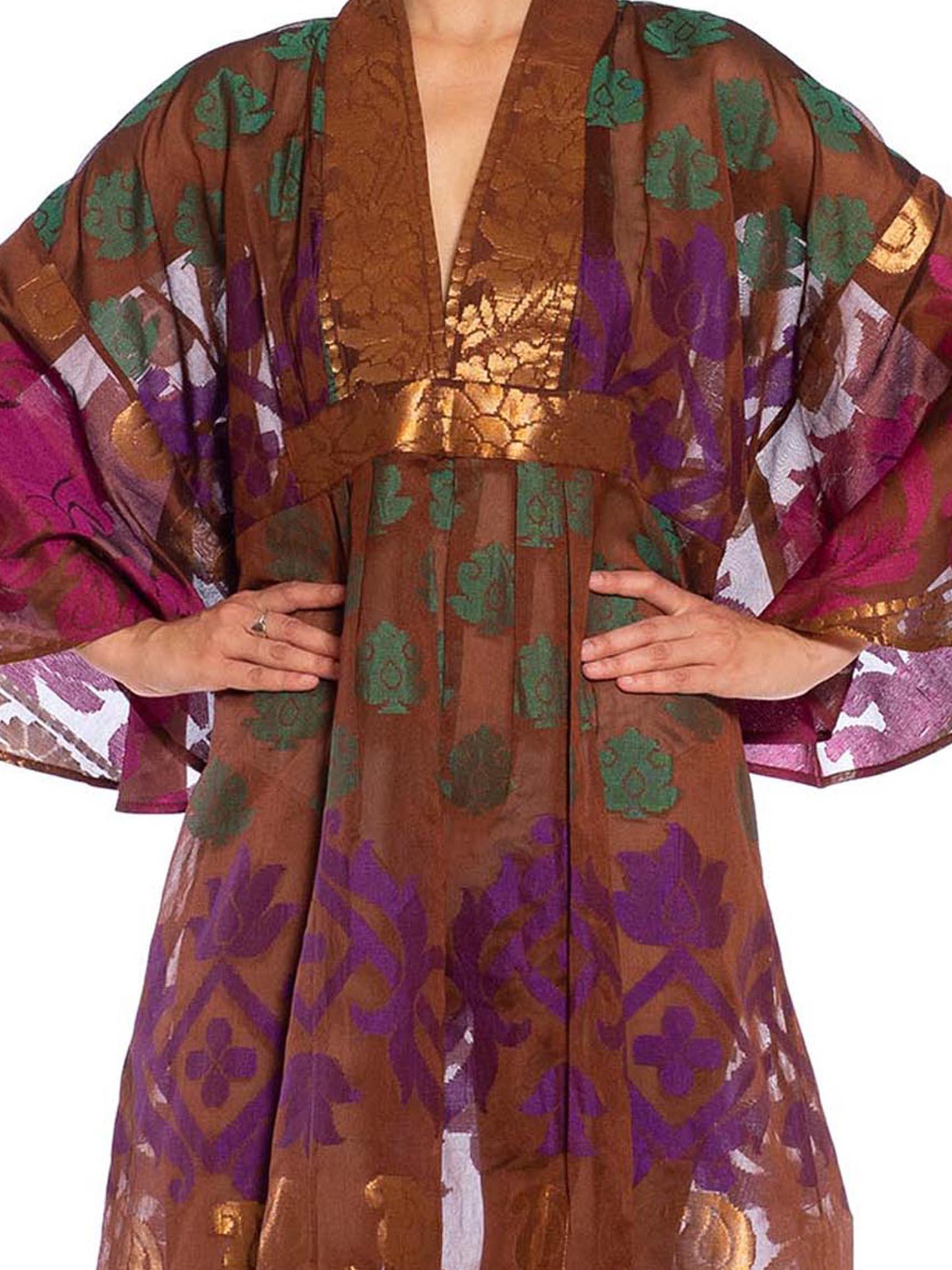 MORPHEW COLLECTION Chocolate Brown Metallic Multi  Silk Kaftan Made From Vintag For Sale 5