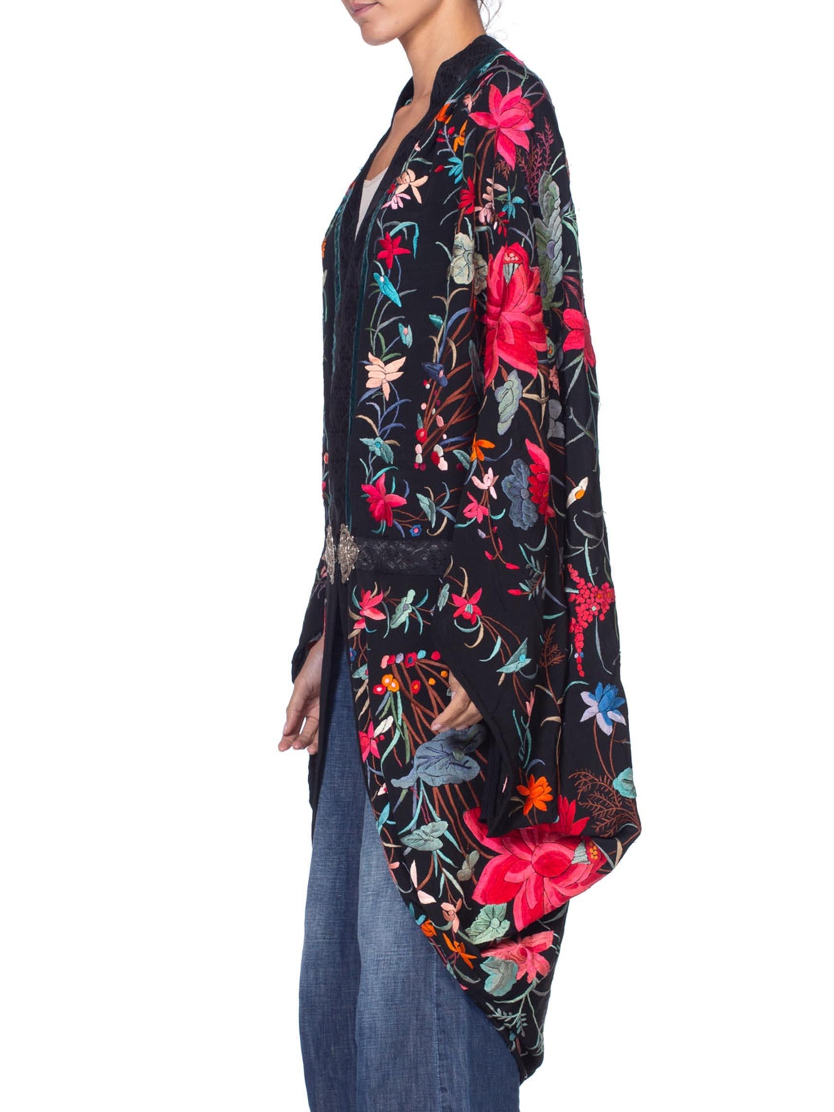 MORPHEW COLLECTION Black Silk Floral Hand Embroidered Piano Shawl  Cocoon With A 1870'S Victorian Clasp