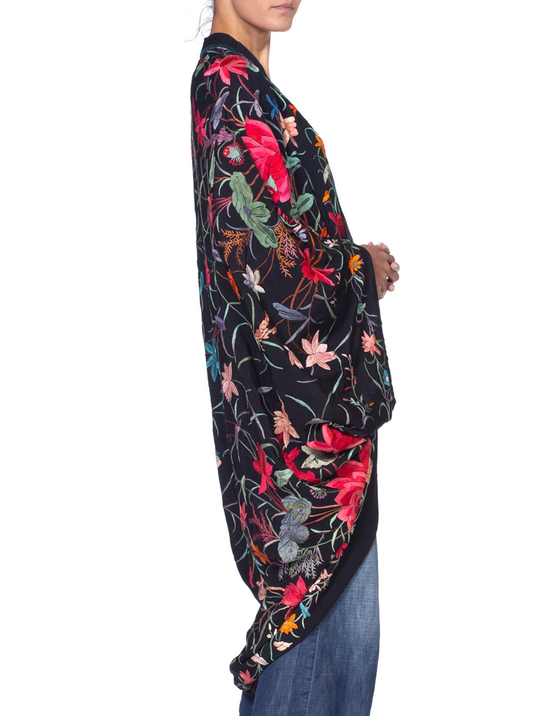 MORPHEW COLLECTION Black Silk Floral Hand Embroidered Piano Shawl  Cocoon With  In Excellent Condition In New York, NY