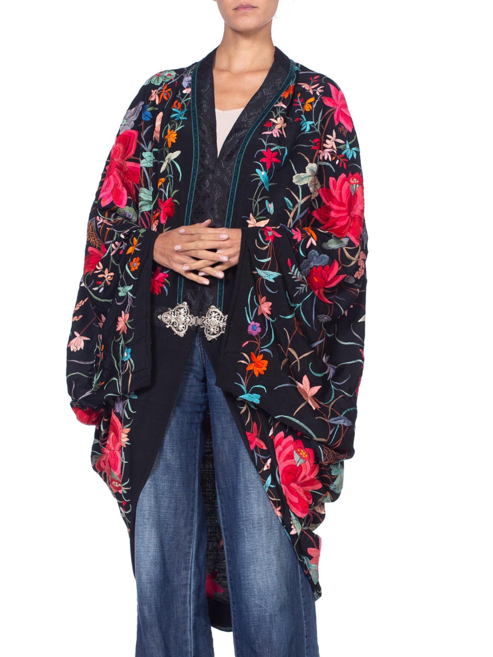 Women's MORPHEW COLLECTION Black Silk Floral Hand Embroidered Piano Shawl  Cocoon With 
