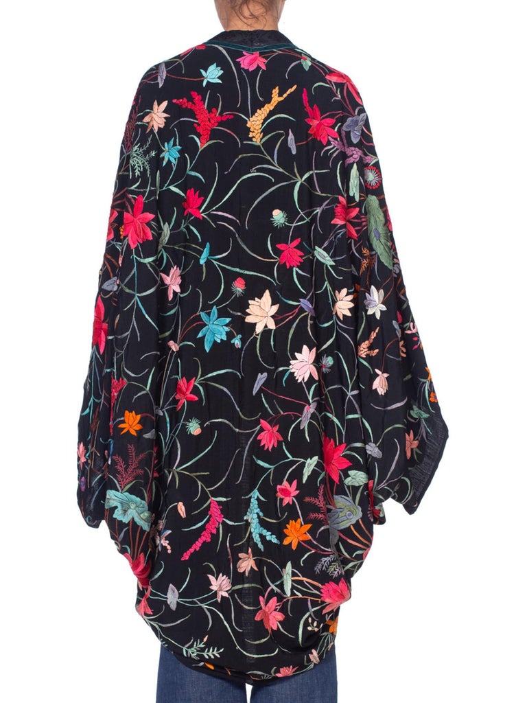 MORPHEW COLLECTION Black Silk Floral Hand Embroidered Piano Shawl ...