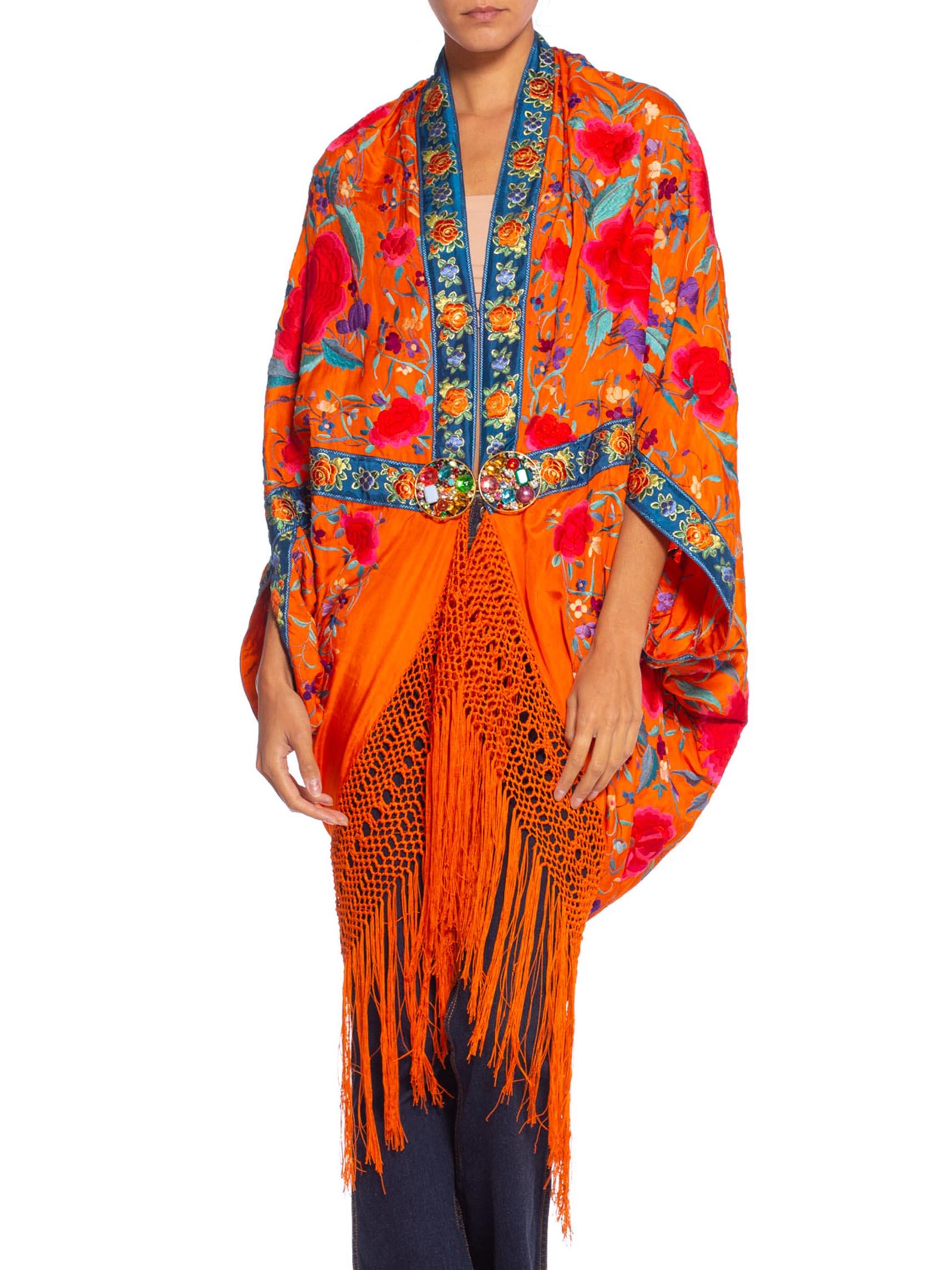 MORPHEW COLLECTION Orange Hand Embroidered Silk Piano Shawl Cocoon With Fringe & 1970'S Ribbon Trim