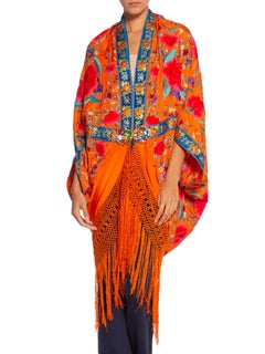 MORPHEW COLLECTION Orange Hand Embroidered Silk Piano Shawl Cocoon With Fringe M