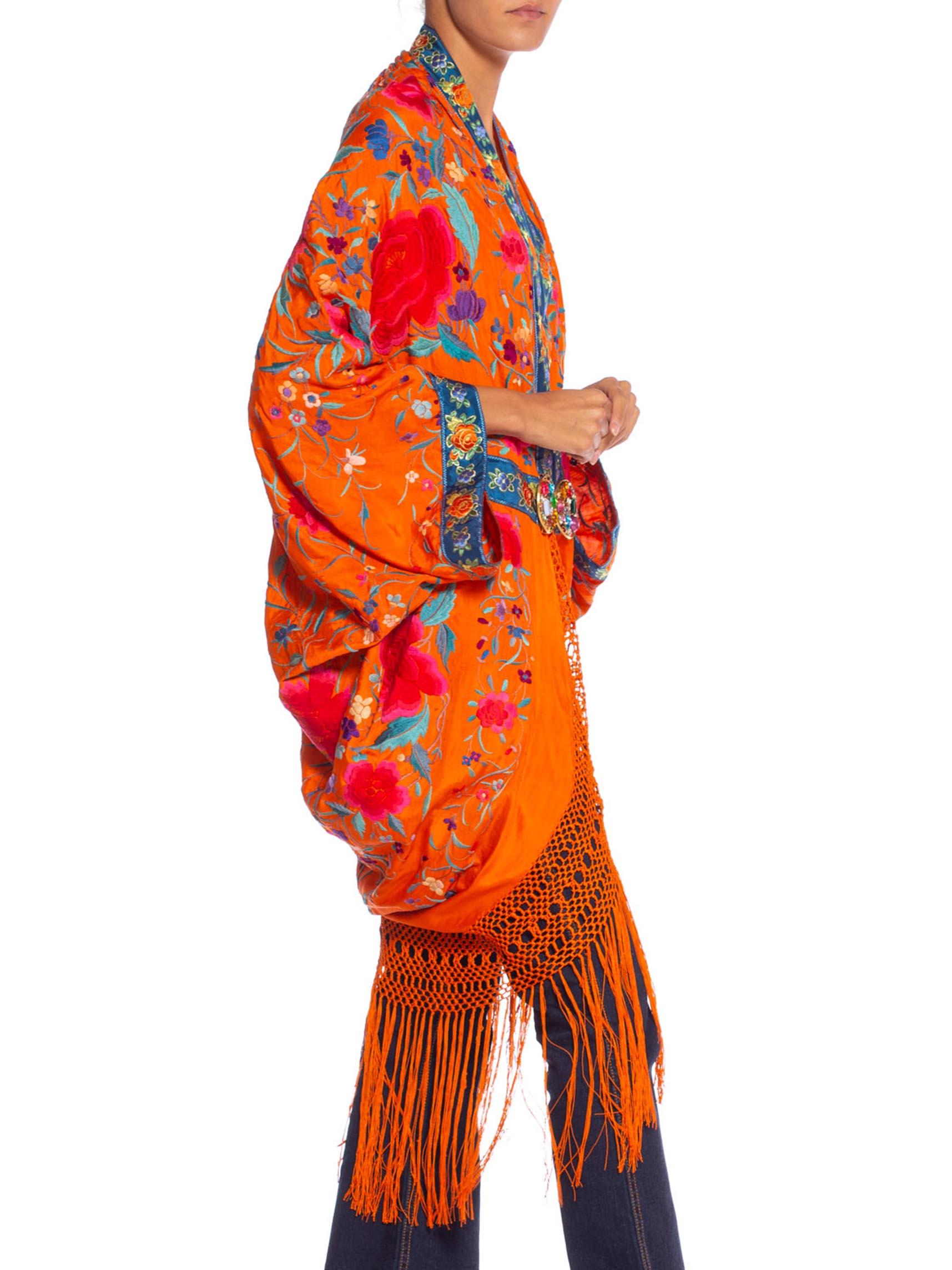 MORPHEW COLLECTION Orange Hand Embroidered Silk Piano Shawl Cocoon With Fringe M In Excellent Condition In New York, NY