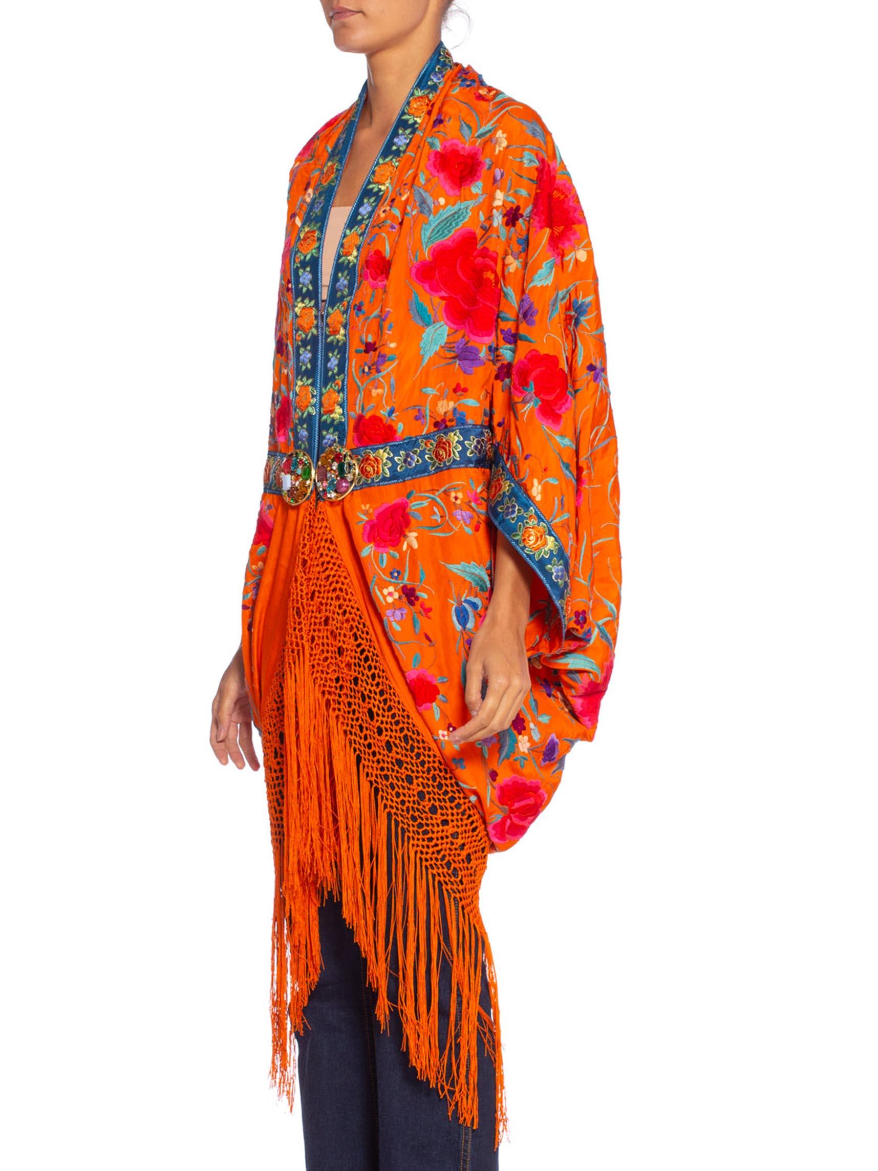 Women's MORPHEW COLLECTION Orange Hand Embroidered Silk Piano Shawl Cocoon With Fringe M