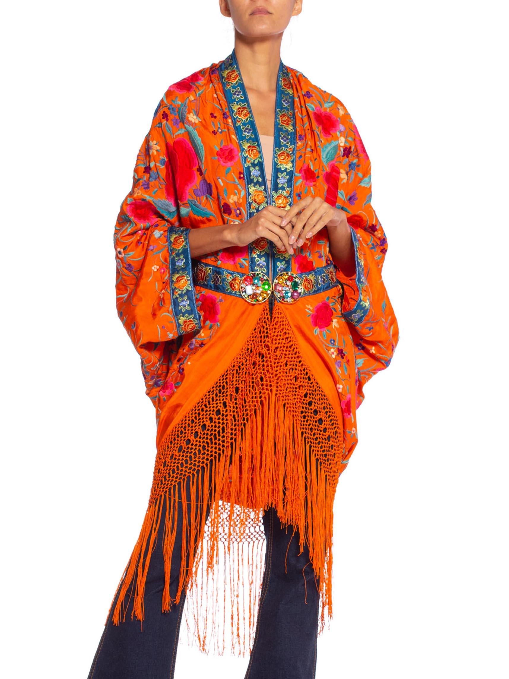 MORPHEW COLLECTION Orange Hand Embroidered Silk Piano Shawl Cocoon With Fringe M 1