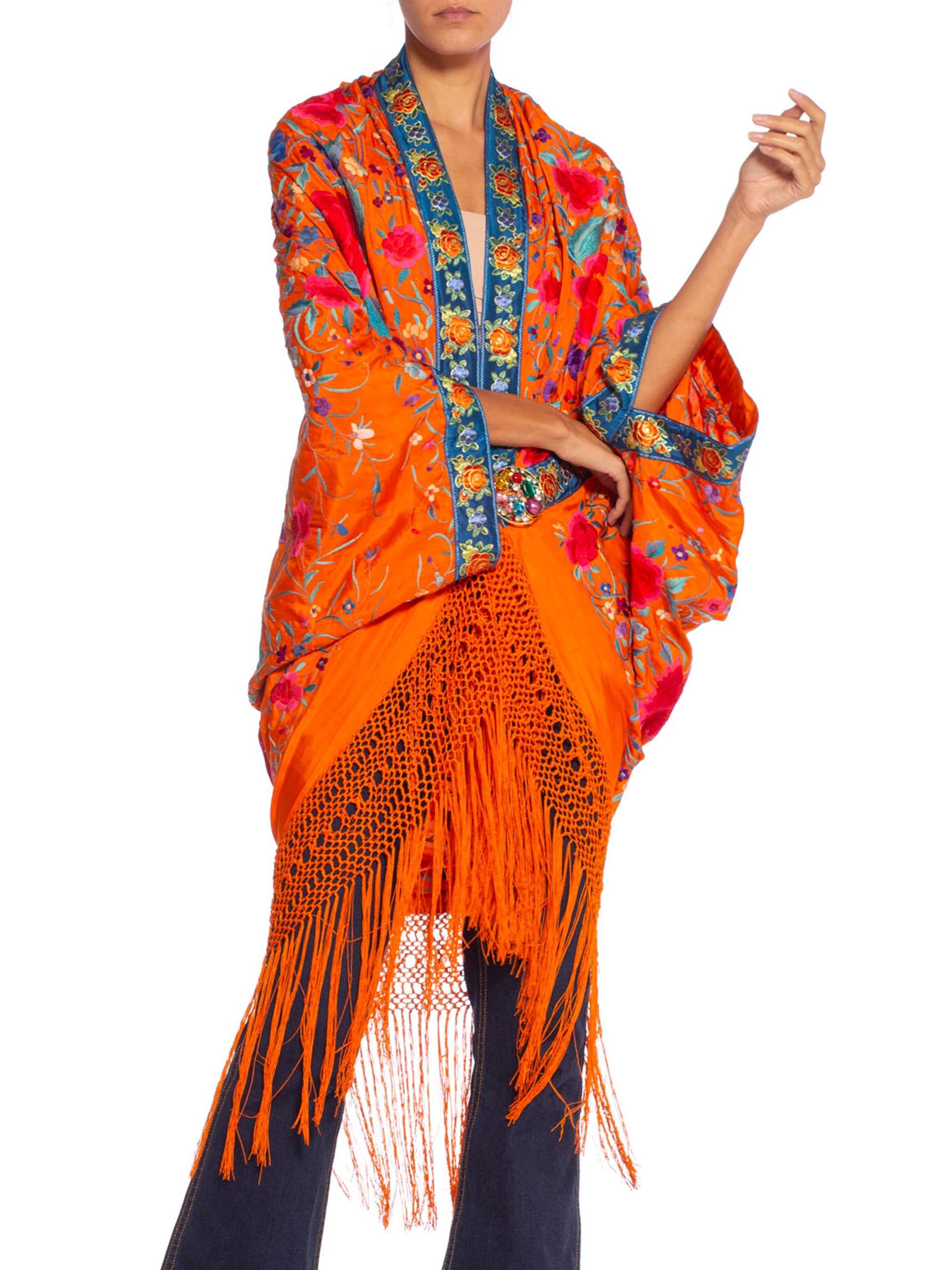 MORPHEW COLLECTION Orange Hand Embroidered Silk Piano Shawl Cocoon With Fringe M 2