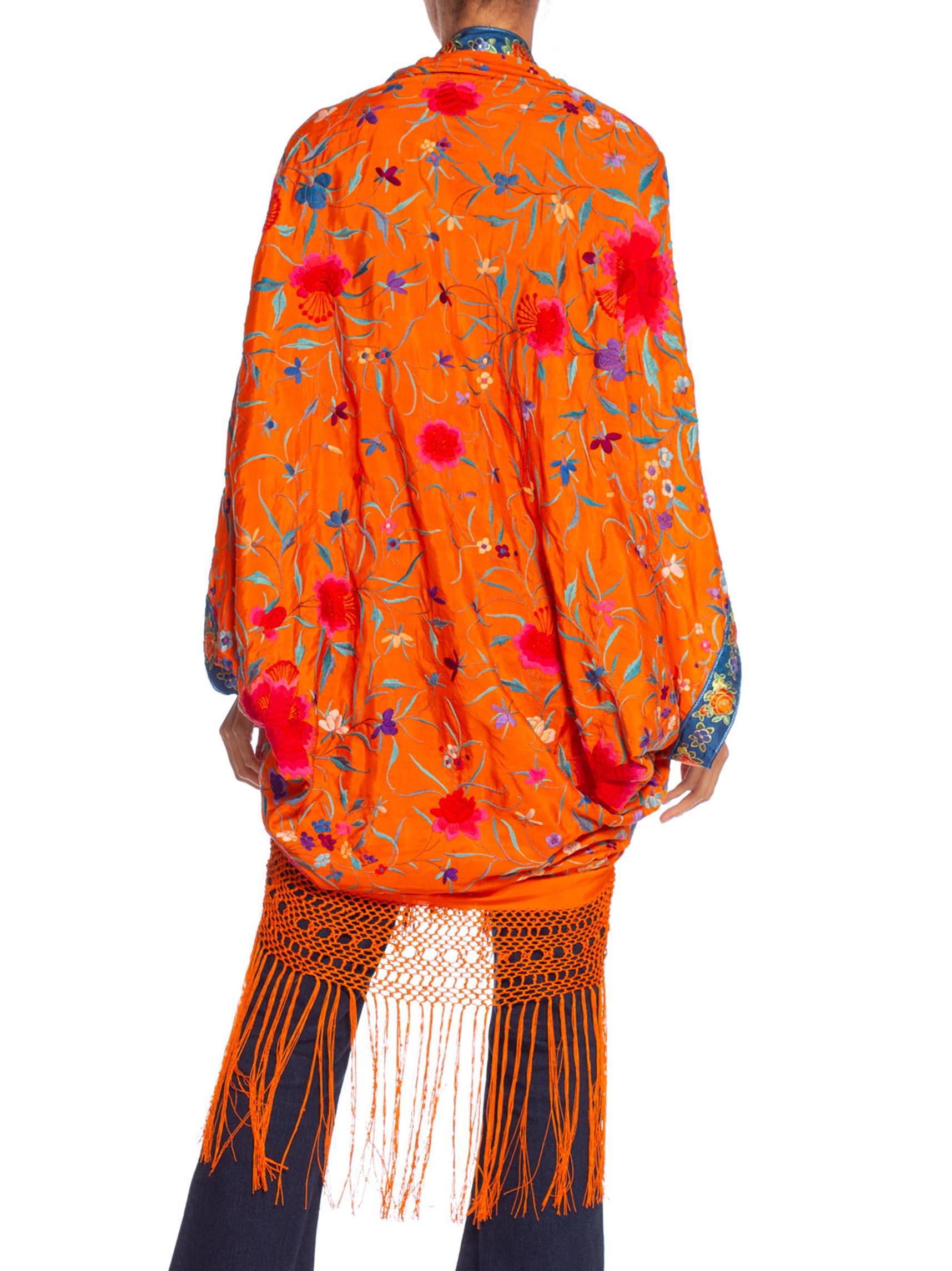 MORPHEW COLLECTION Orange Hand Embroidered Silk Piano Shawl Cocoon With Fringe M 3