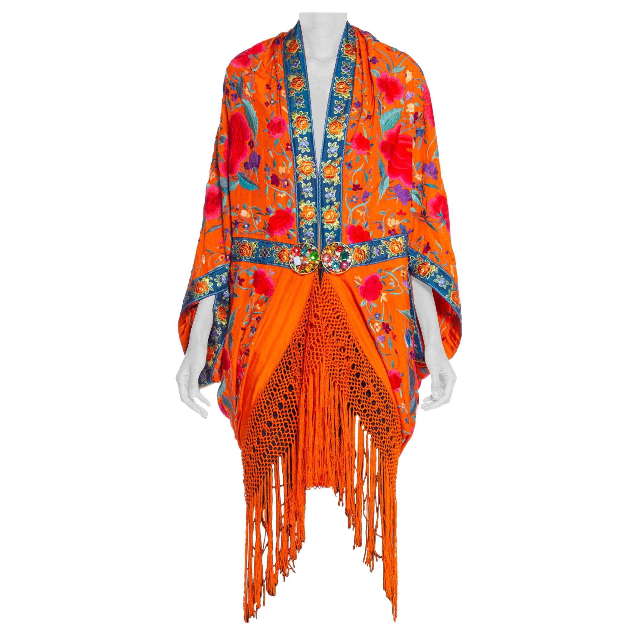 MORPHEW COLLECTION Orange Hand Embroidered Silk Piano Shawl Cocoon With Fringe M