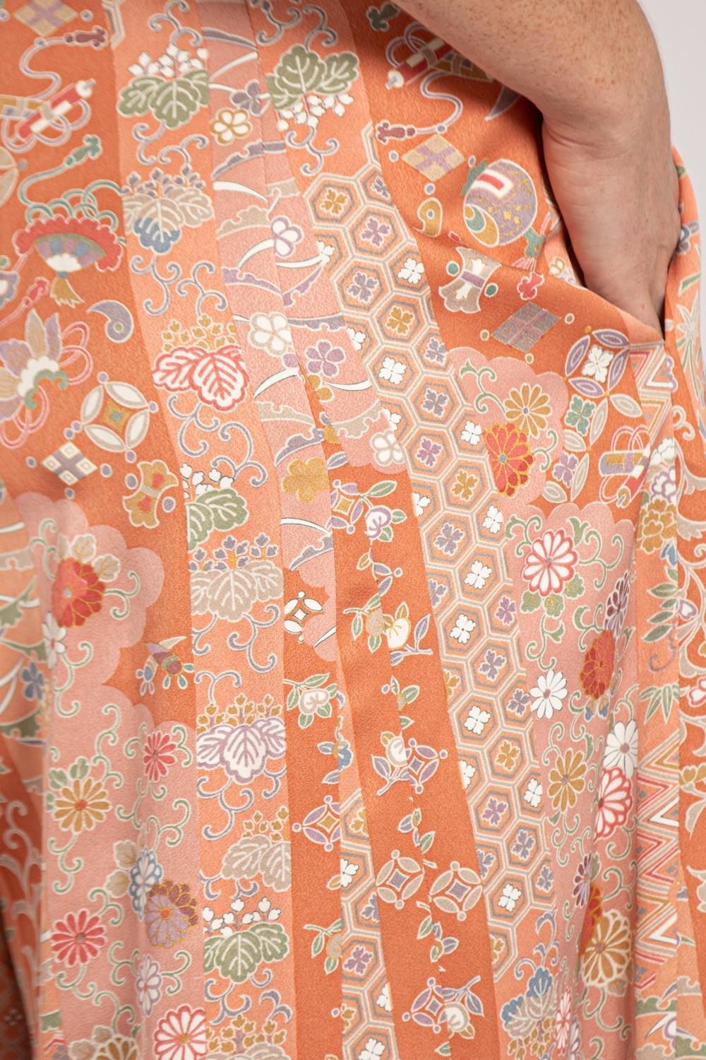 MORPHEW COLLECTION Copper Coral Japanese Kimono Silk M/L Jumpsuit For Sale 4