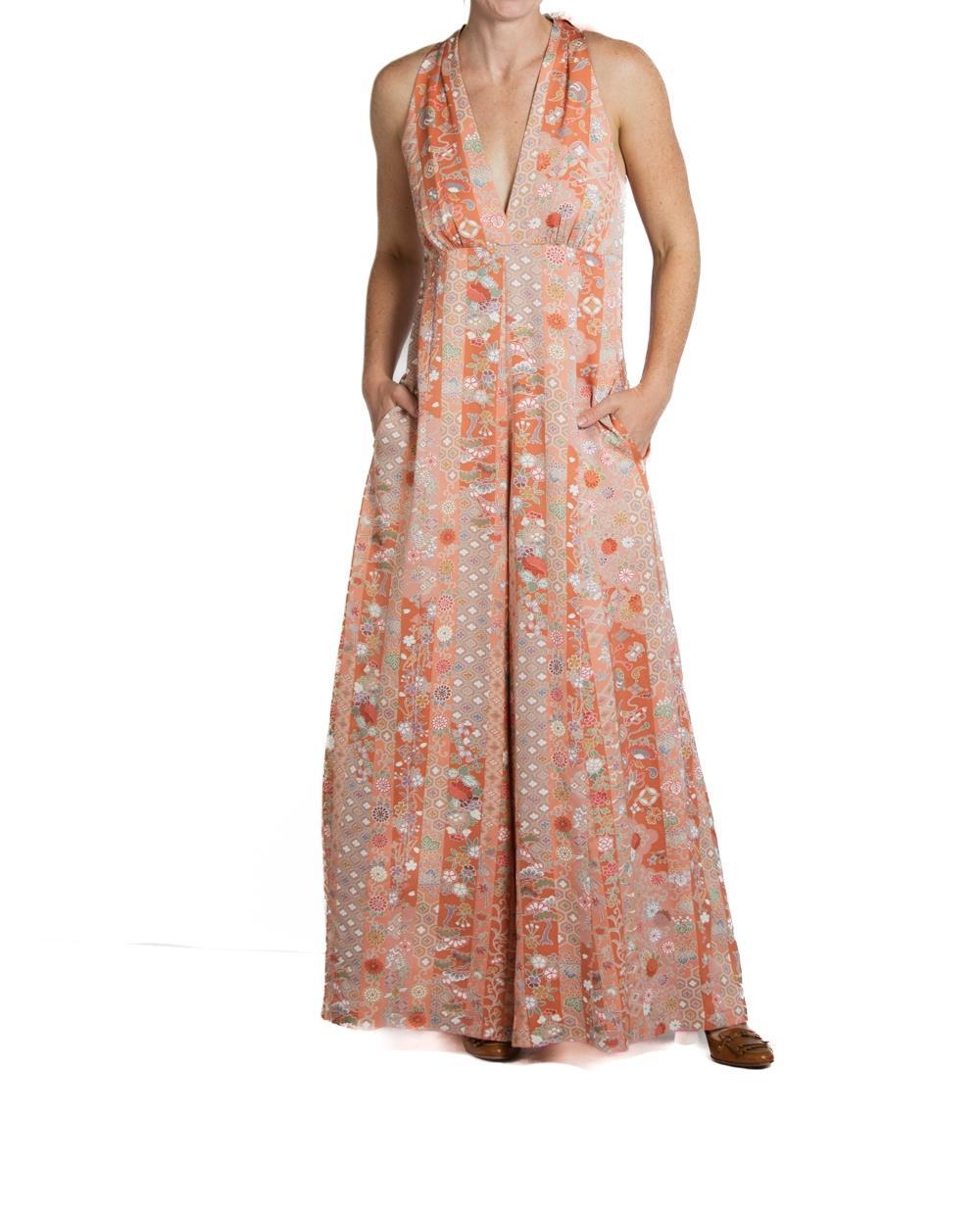 Morphew Collection Copper Coral Japanese Kimono Silk M/L Jumpsuit Master In Excellent Condition In New York, NY