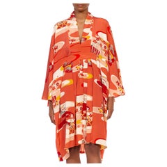 MORPHEW COLLECTION Coral Silk Floral Hand Painted Kaftan Made From 1950’S Japan