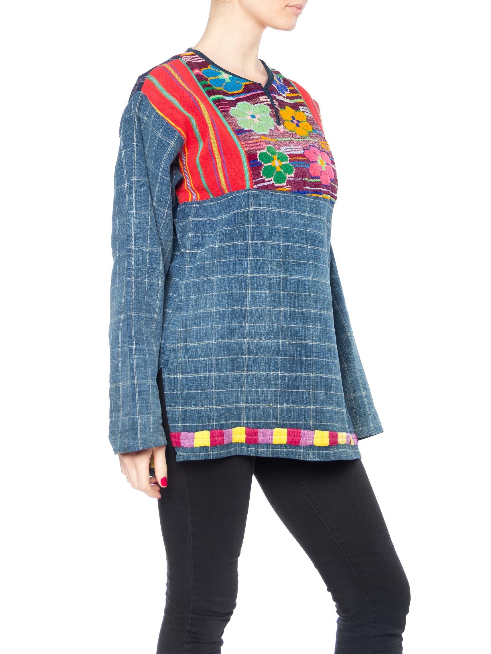 1970S Indigo Blue Cotton South American Pullover Top With Colorful Handwoven & Embroidered Details