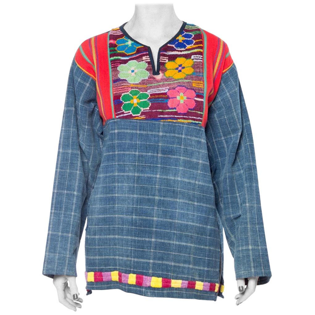 1970S Indigo Blue Cotton South American Pullover Top With Colorful Handwoven &  For Sale