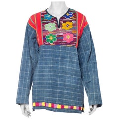 Vintage 1970S Indigo Blue Cotton South American Pullover Top With Colorful Handwoven & 