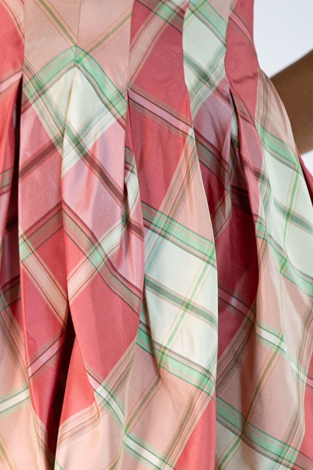 Morphew Collection Cream, Aqua & Pink Silk Taffeta Plaid The Donna Dress Master For Sale 6