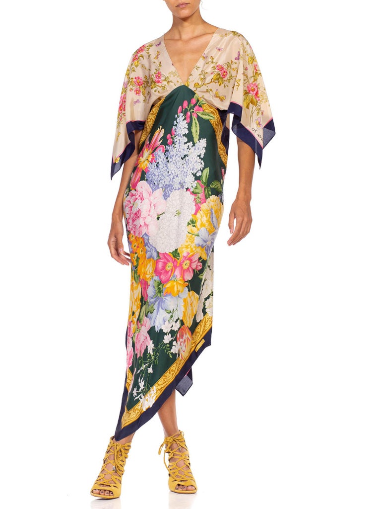 MORPHEW COLLECTION Cream & Black Floral Silk Two Scarf Dress For Sale 2
