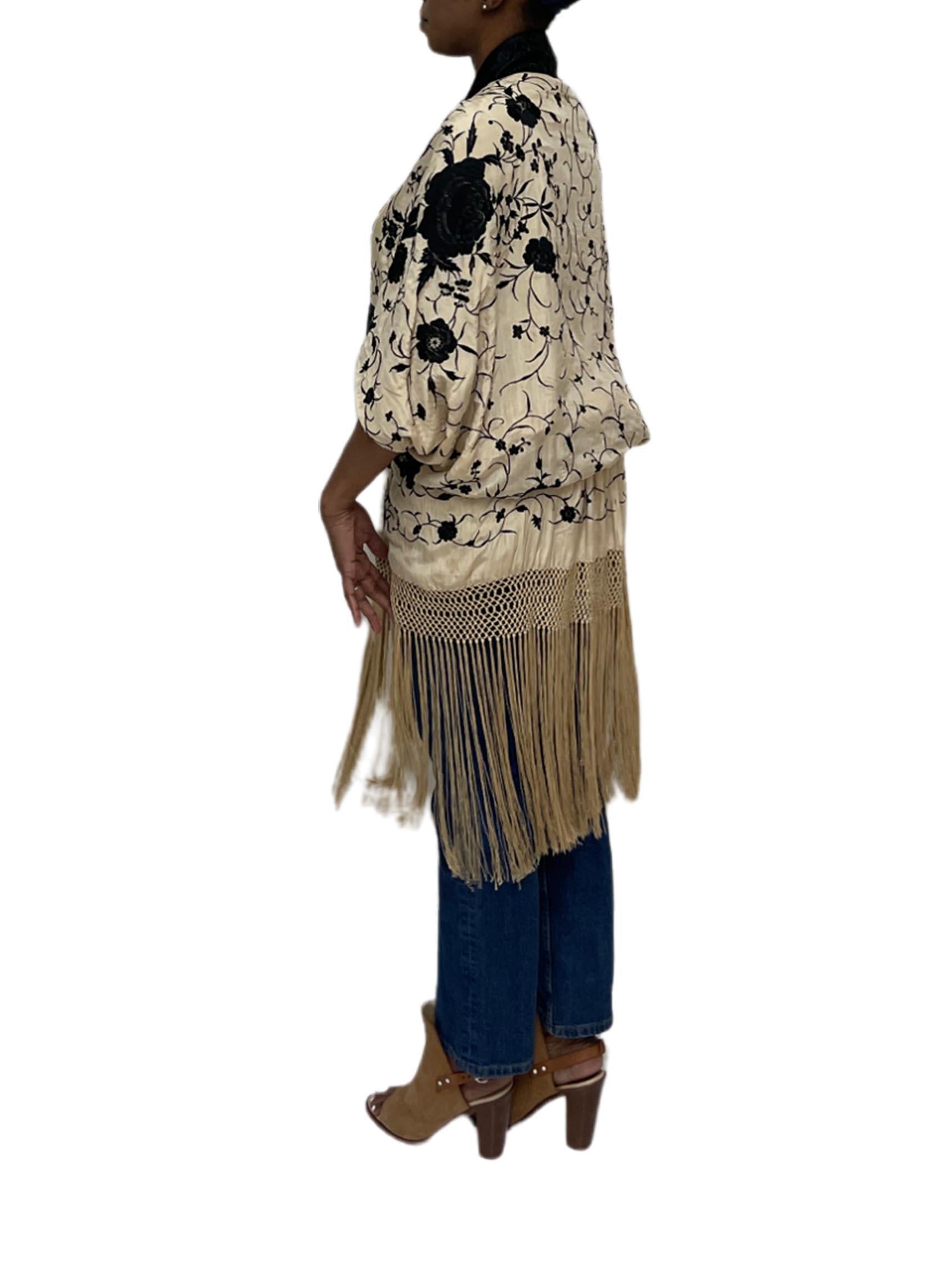 White MORPHEW COLLECTION Cream & Black Silk Hand Embroidered Floral Cocoon With Fringe For Sale
