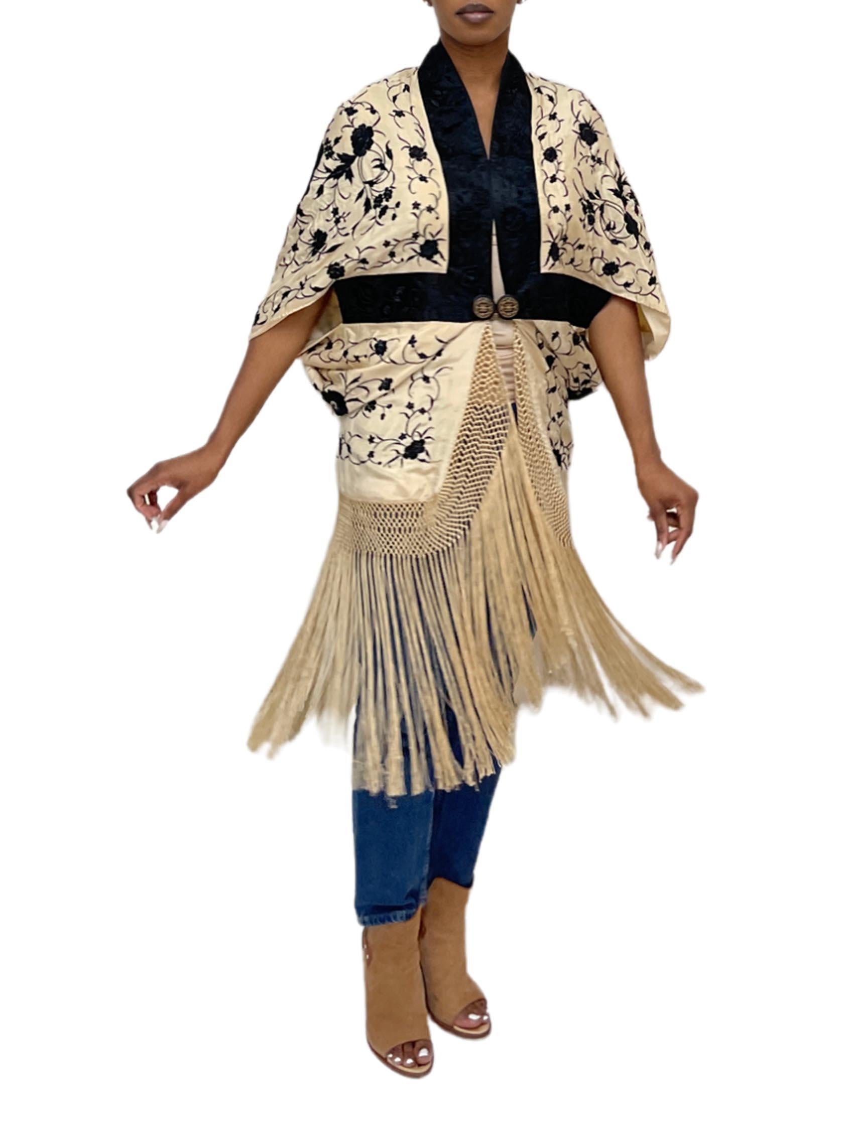 Women's MORPHEW COLLECTION Cream & Black Silk Hand Embroidered Floral Cocoon With Fringe For Sale