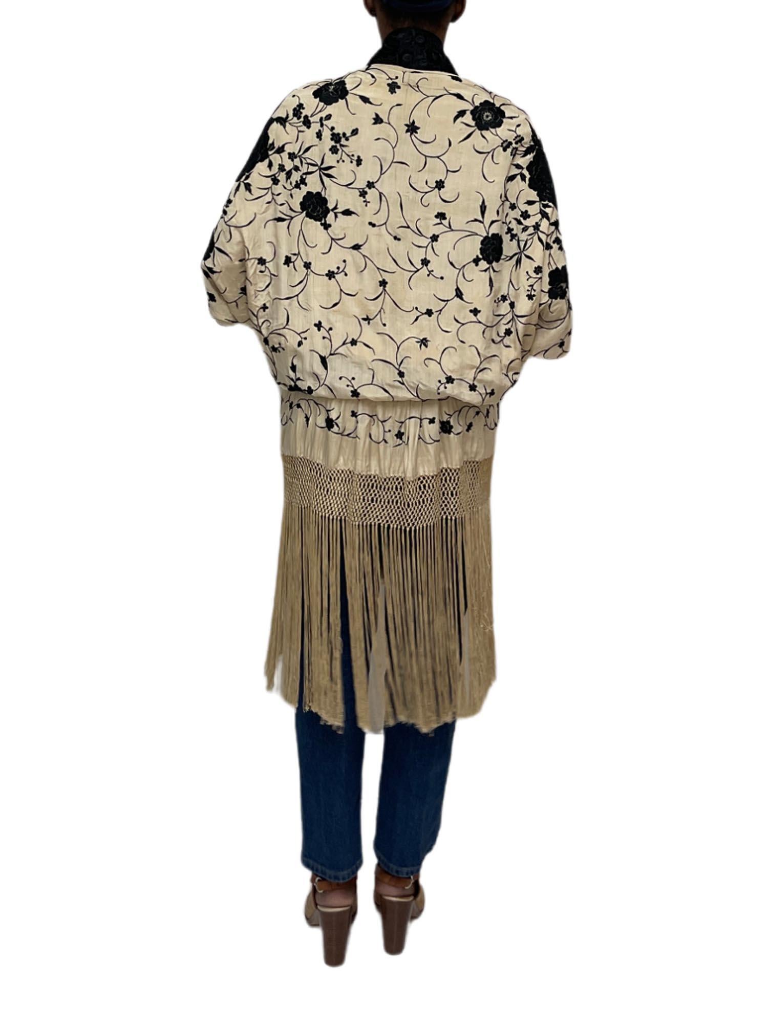 MORPHEW COLLECTION Cream & Black Silk Hand Embroidered Floral Cocoon With Fringe For Sale 3