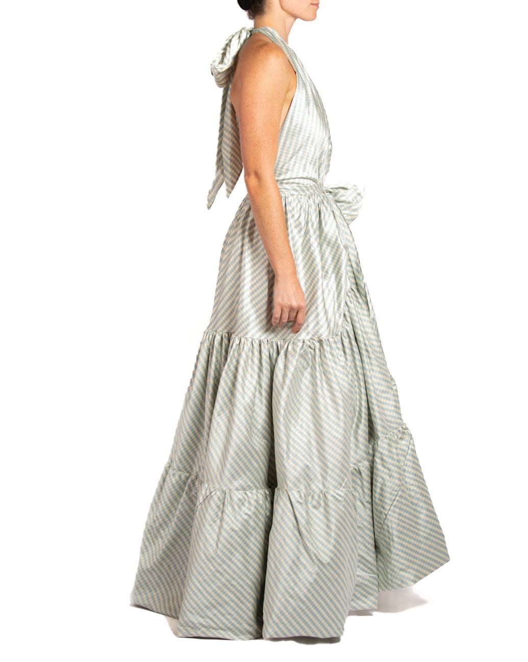 MORPHEW COLLECTION Cream & Blue Silk Taffeta Plaid Gown In Excellent Condition For Sale In New York, NY