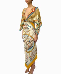 Morphew Collection Cream, Blue & Yellow Gold Silk Nautical Print 2-Scarf Dress