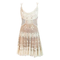 Morphew Collection Cream Cotton Crochet Lace Mini Dress With Tassel Hem