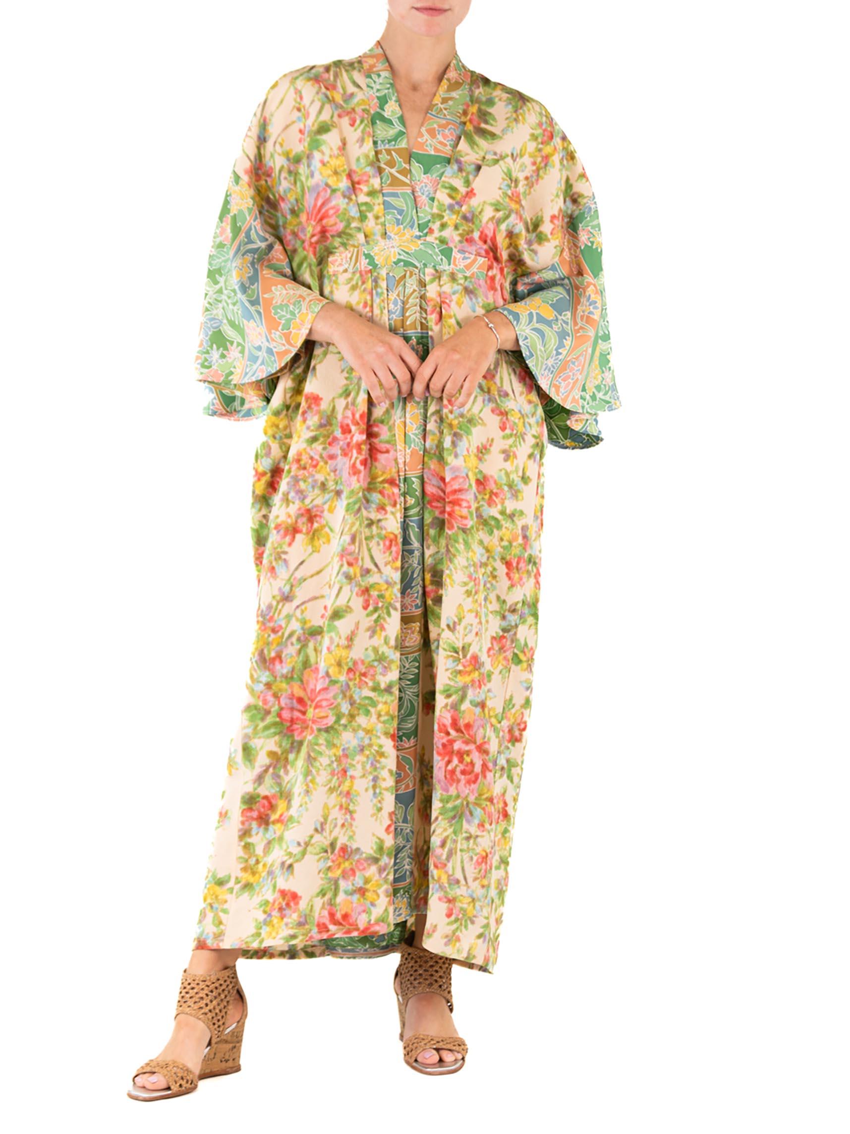 Women's MORPHEW COLLECTION Cream Floral Print Japanese Kimono Silk Kaftan For Sale