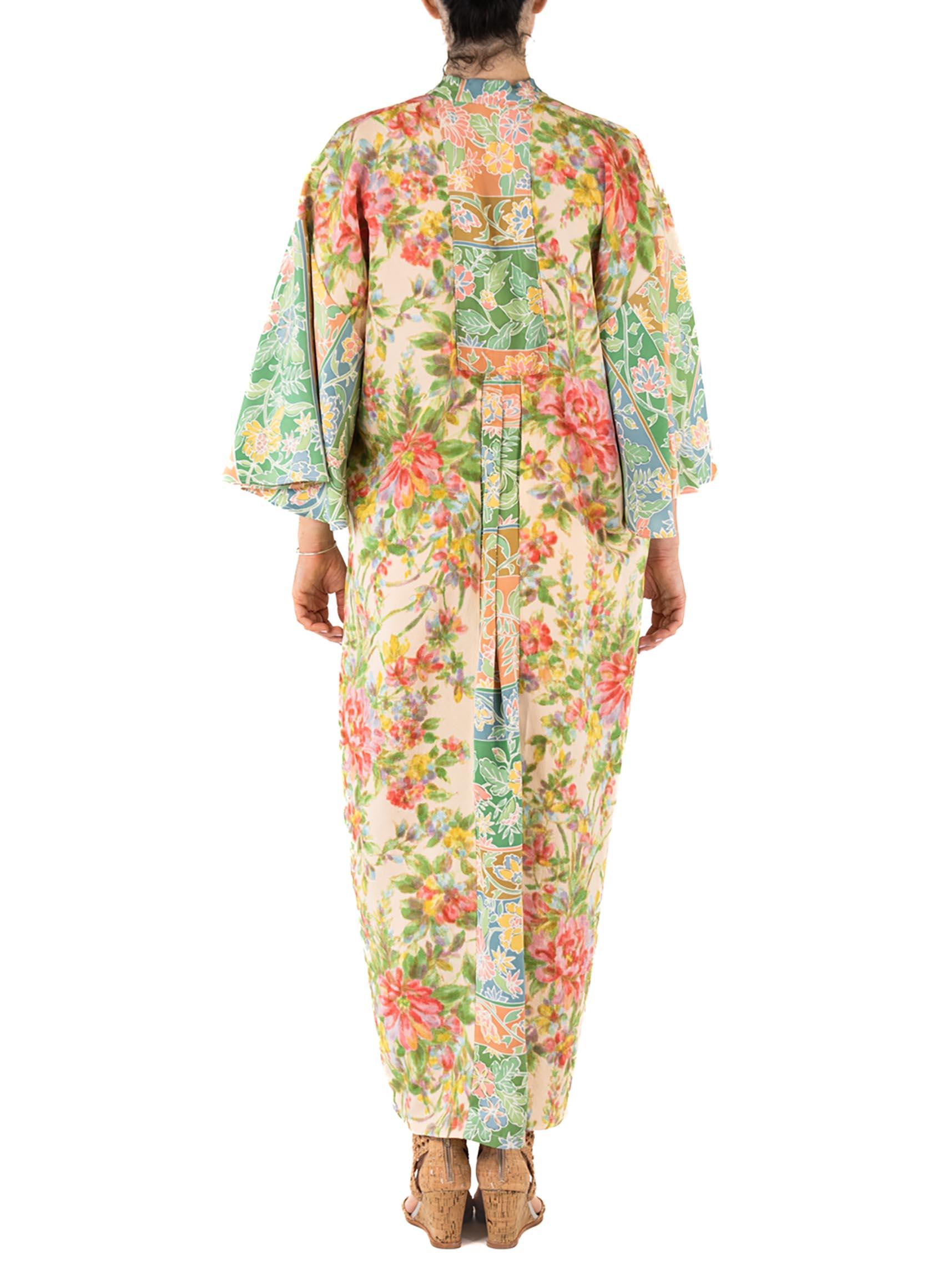 MORPHEW COLLECTION Cream Floral Print Japanese Kimono Silk Kaftan For Sale 1