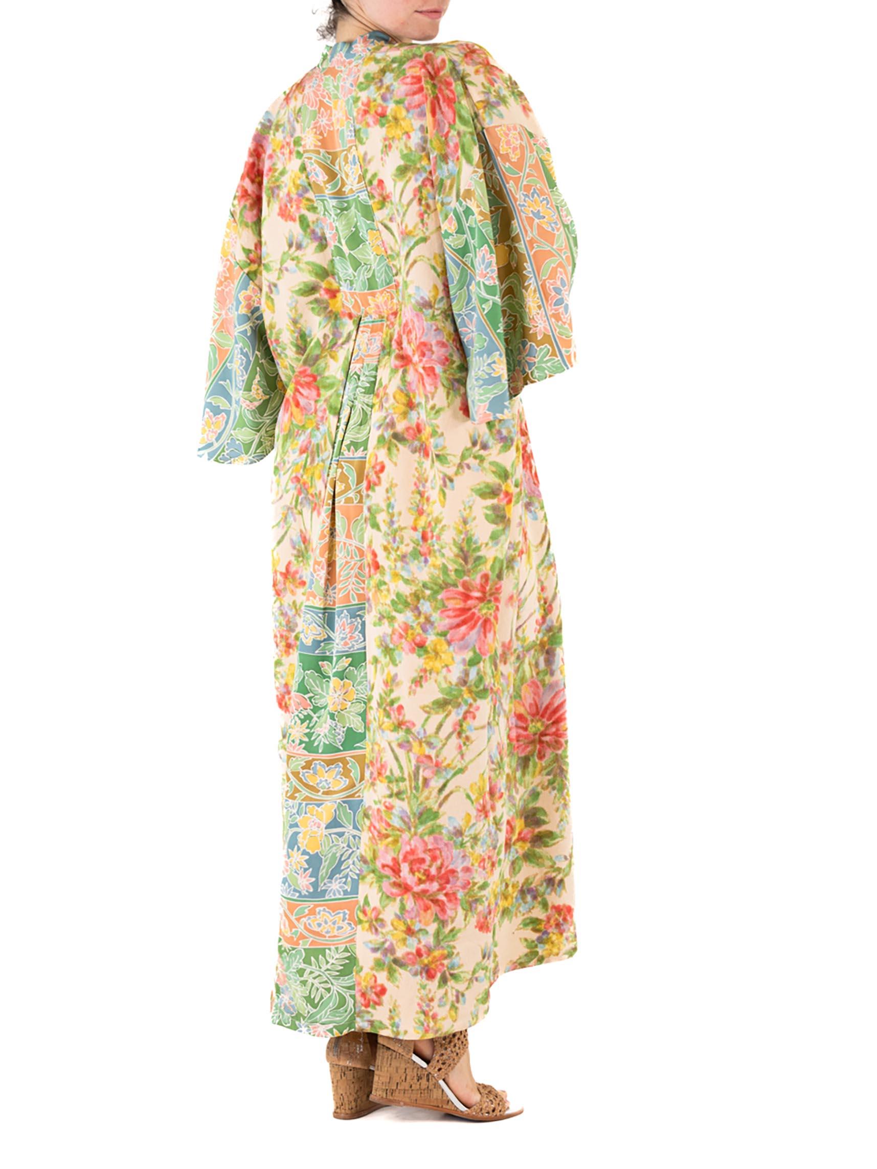 MORPHEW COLLECTION Cream Floral Print Japanese Kimono Silk Kaftan For Sale 2