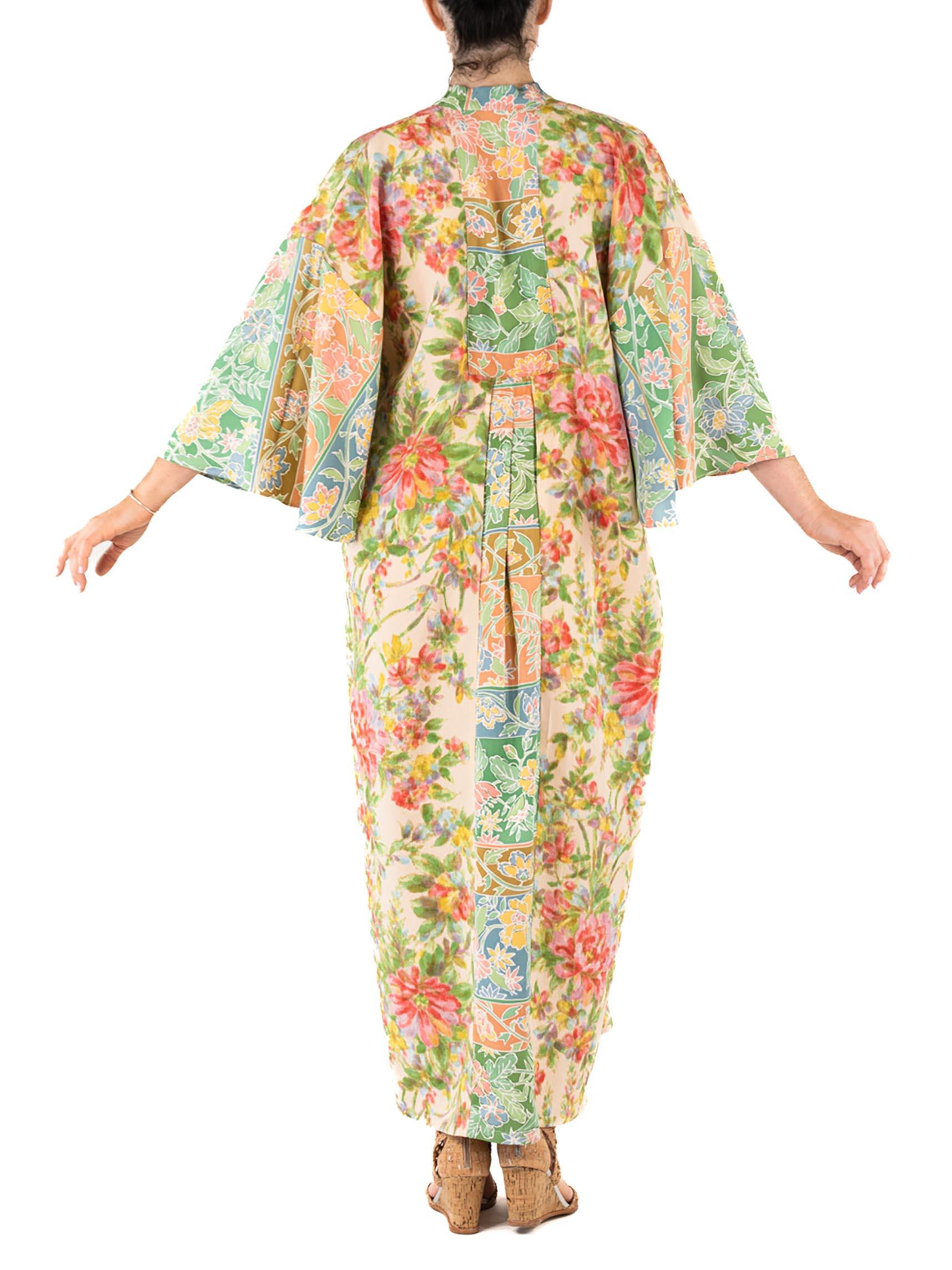 MORPHEW COLLECTION Cream Floral Print Japanese Kimono Silk Kaftan For Sale 3