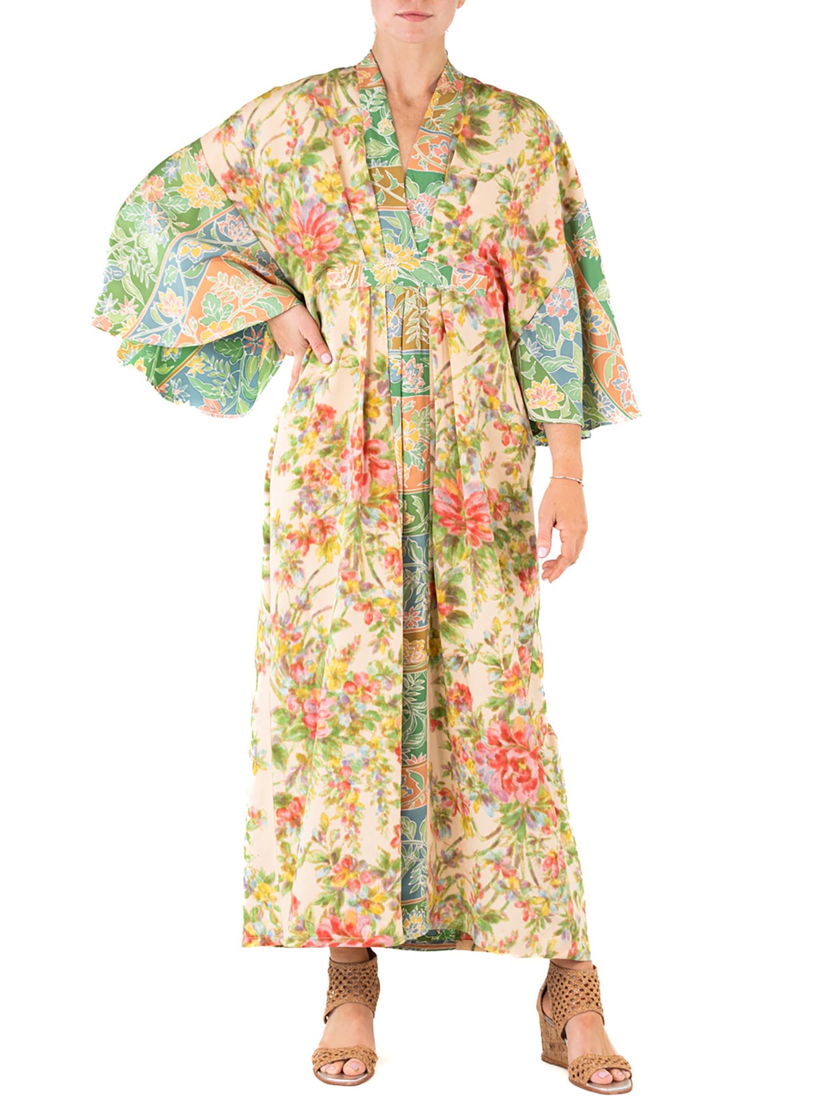 MORPHEW COLLECTION Cream Floral Print Japanese Kimono Silk Kaftan For Sale 4