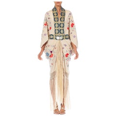 Morphew Collection Cream Hand Embroidered Silk Cocoon With Blue Cut Velvet Trim