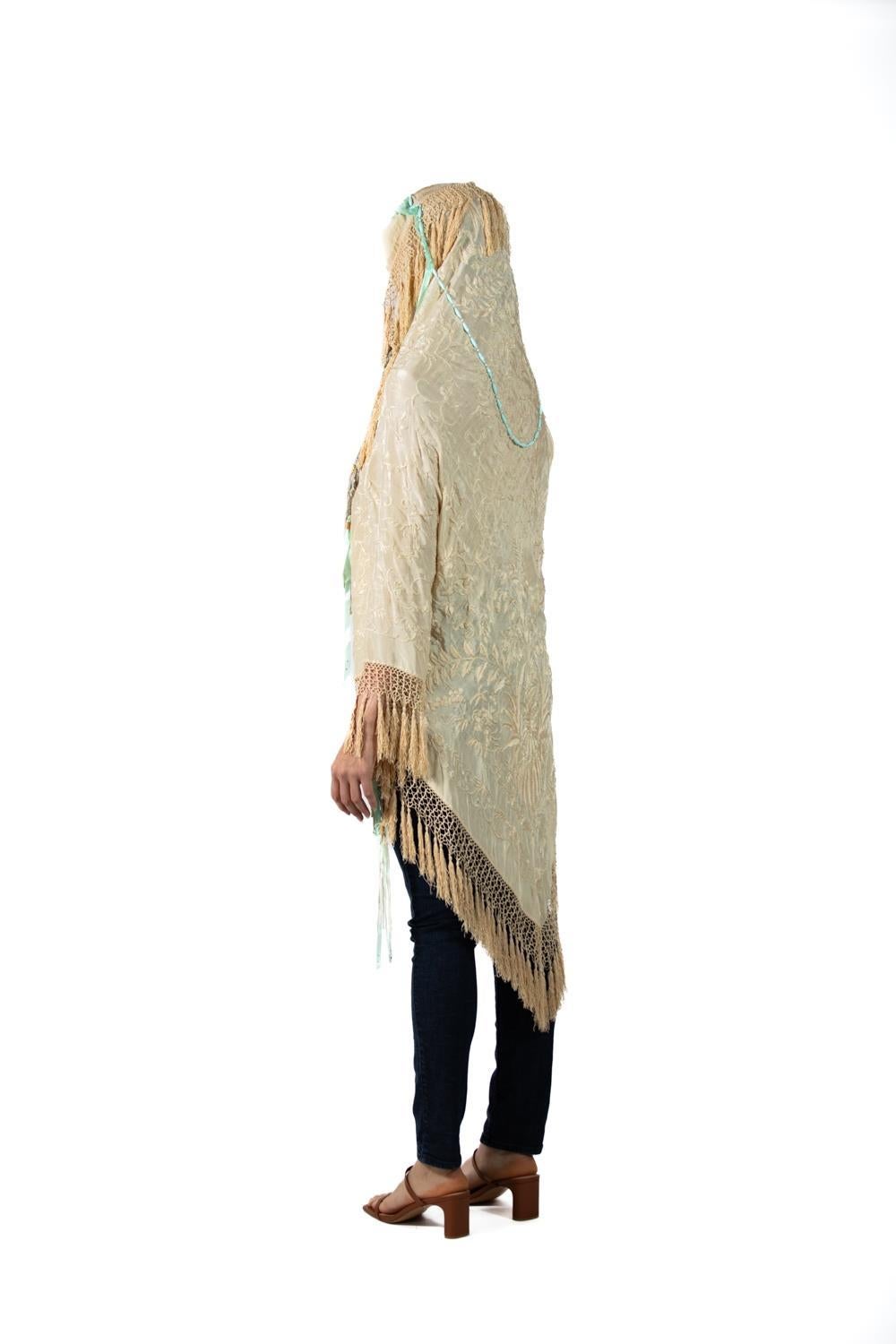 MORPHEW COLLECTION Cream Hand Embroidered Silk Fringed Shawl In Excellent Condition For Sale In New York, NY