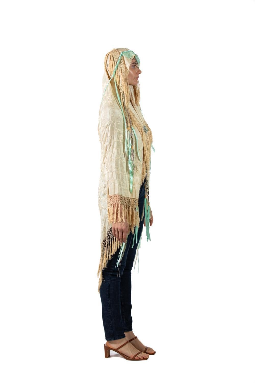 Women's MORPHEW COLLECTION Cream Hand Embroidered Silk Fringed Shawl For Sale