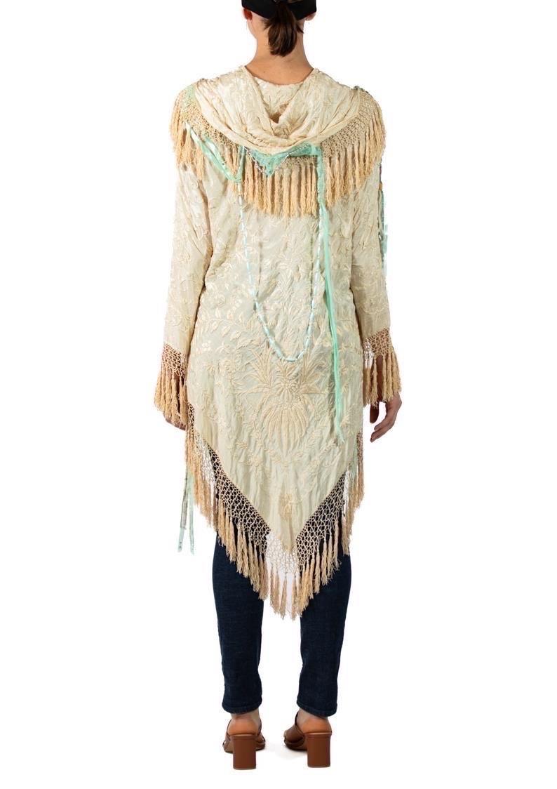 MORPHEW COLLECTION Cream Hand Embroidered Silk Fringed Shawl For Sale 3