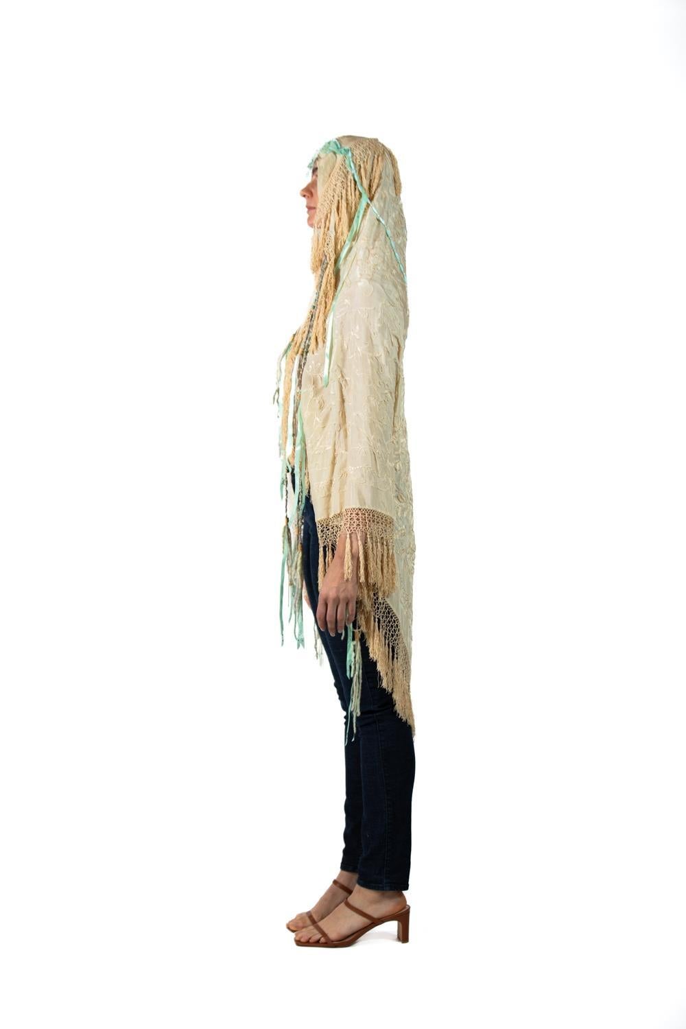 MORPHEW COLLECTION Cream Hand Embroidered Silk Fringed Shawl For Sale 4