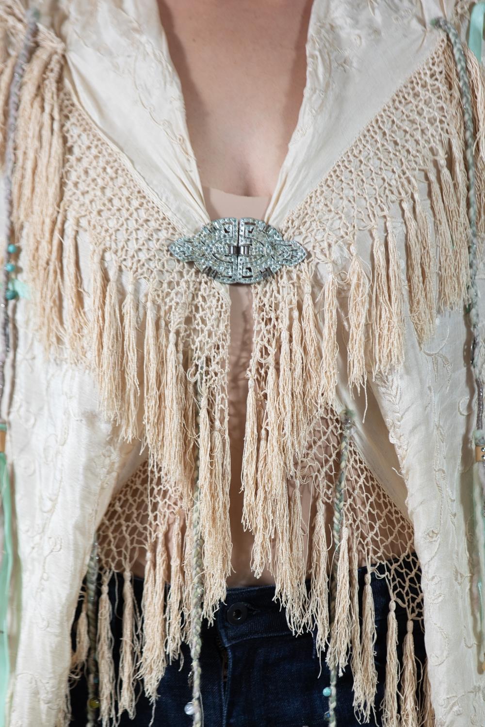 MORPHEW COLLECTION Cream Hand Embroidered Silk Fringed Shawl For Sale 5