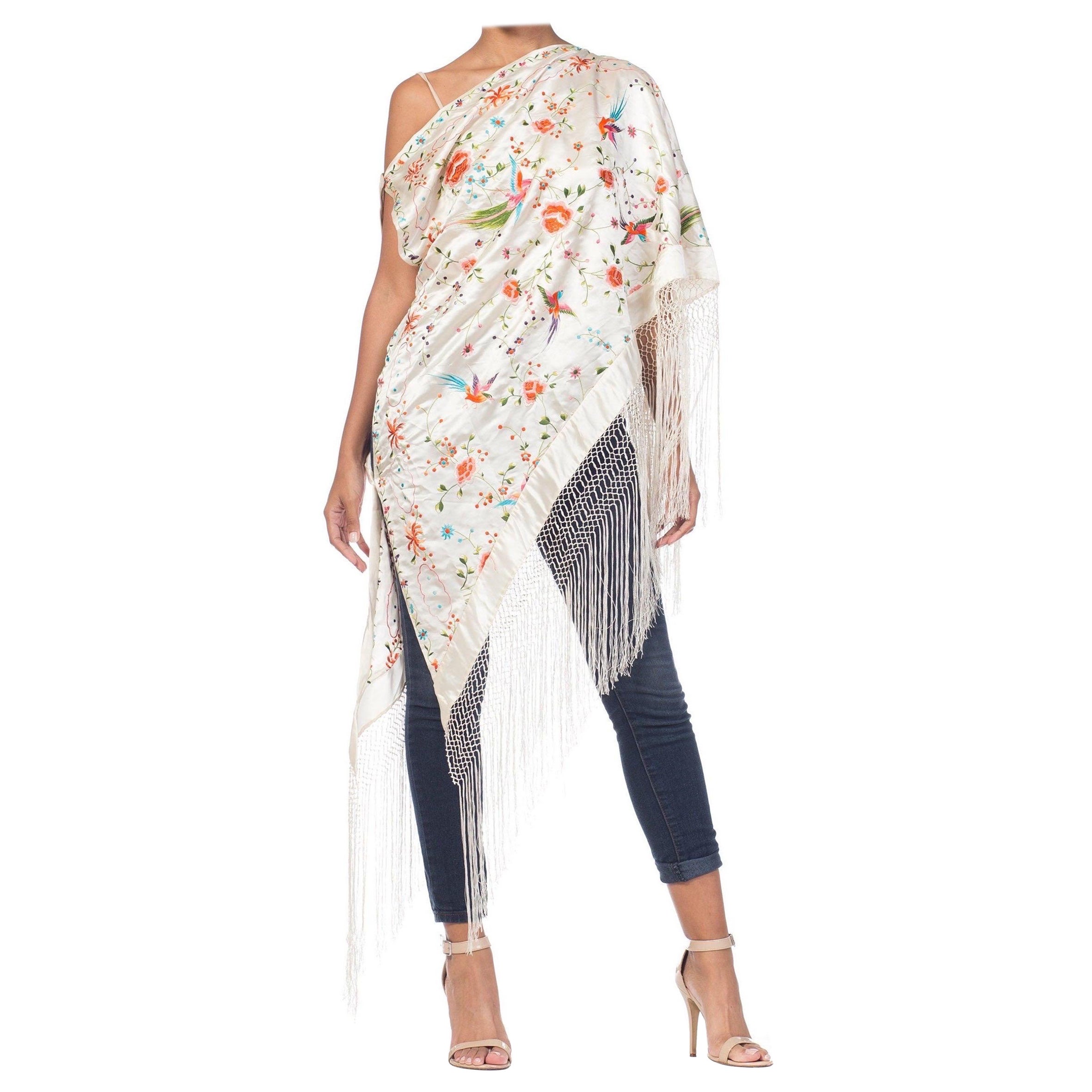 MORPHEW COLLECTION Cream Hand Embroidered Silk Satin One Shoulder Or Halter Top