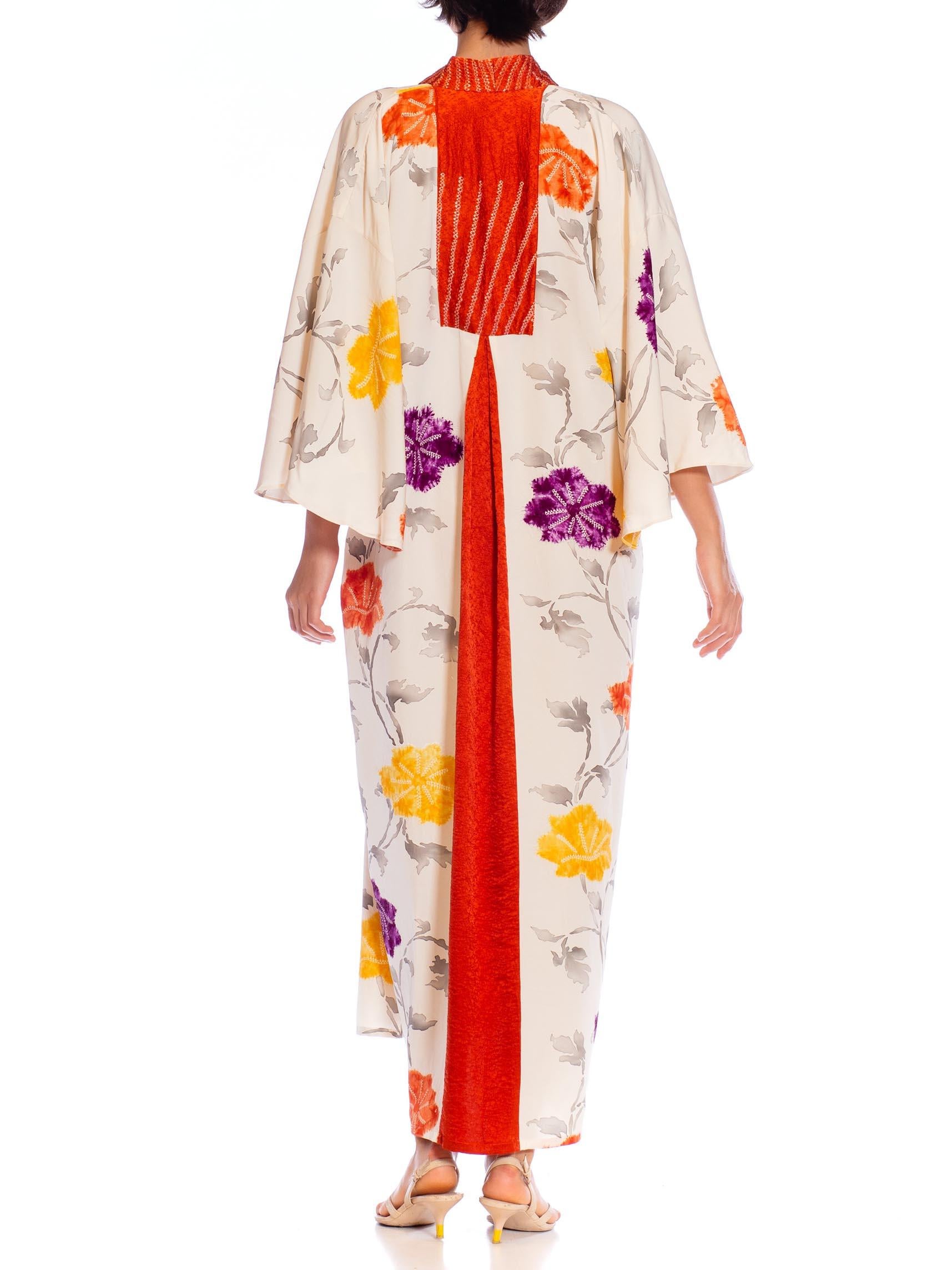 MORPHEW COLLECTION Cream Japanese Kimono Silk Hand Painted Floral Kaftan With B 4