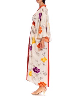 MORPHEW COLLECTION Cream Japanese Kimono Silk Hand Painted Floral Kaftan With B