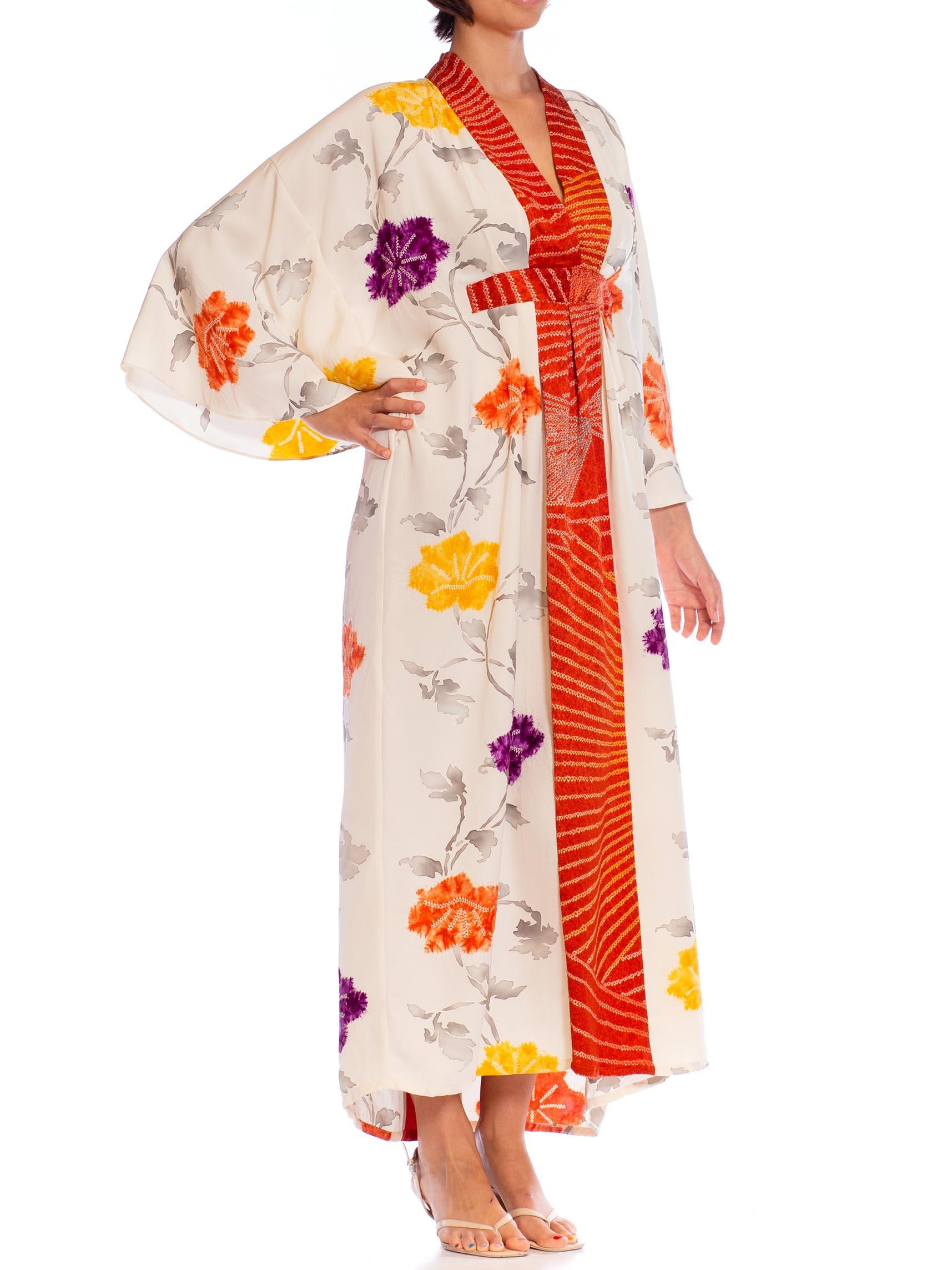 Beige MORPHEW COLLECTION Cream Japanese Kimono Silk Hand Painted Floral Kaftan With B
