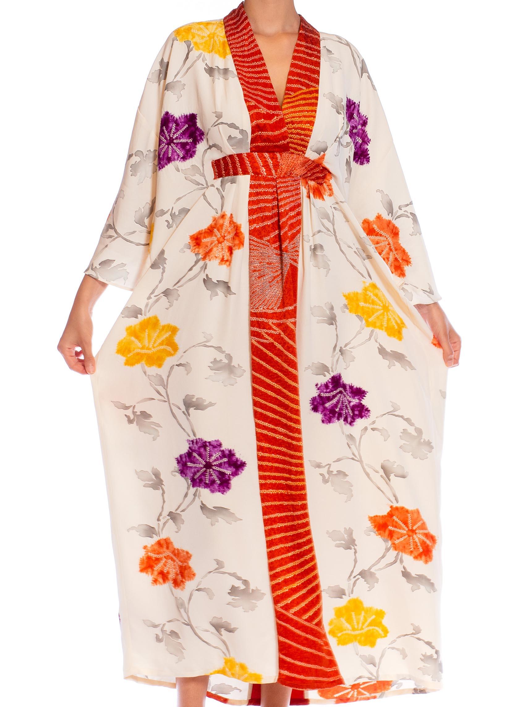 MORPHEW COLLECTION Cream Japanese Kimono Silk Hand Painted Floral Kaftan With B In Excellent Condition In New York, NY
